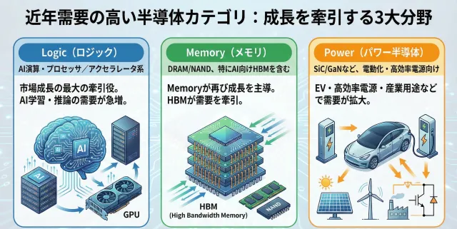 近年需要の高い半導体カテゴリ　ロジック、メモリ、パワー半導体が成長を牽引しています